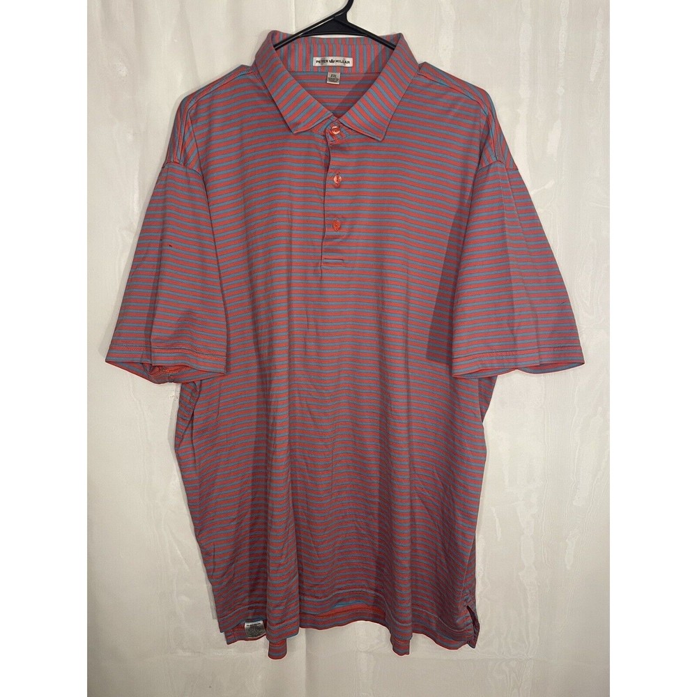 Peter Millar Polo Shirt Mens XXL Pink Blue Striped Golf 2 Holes On Sleeve